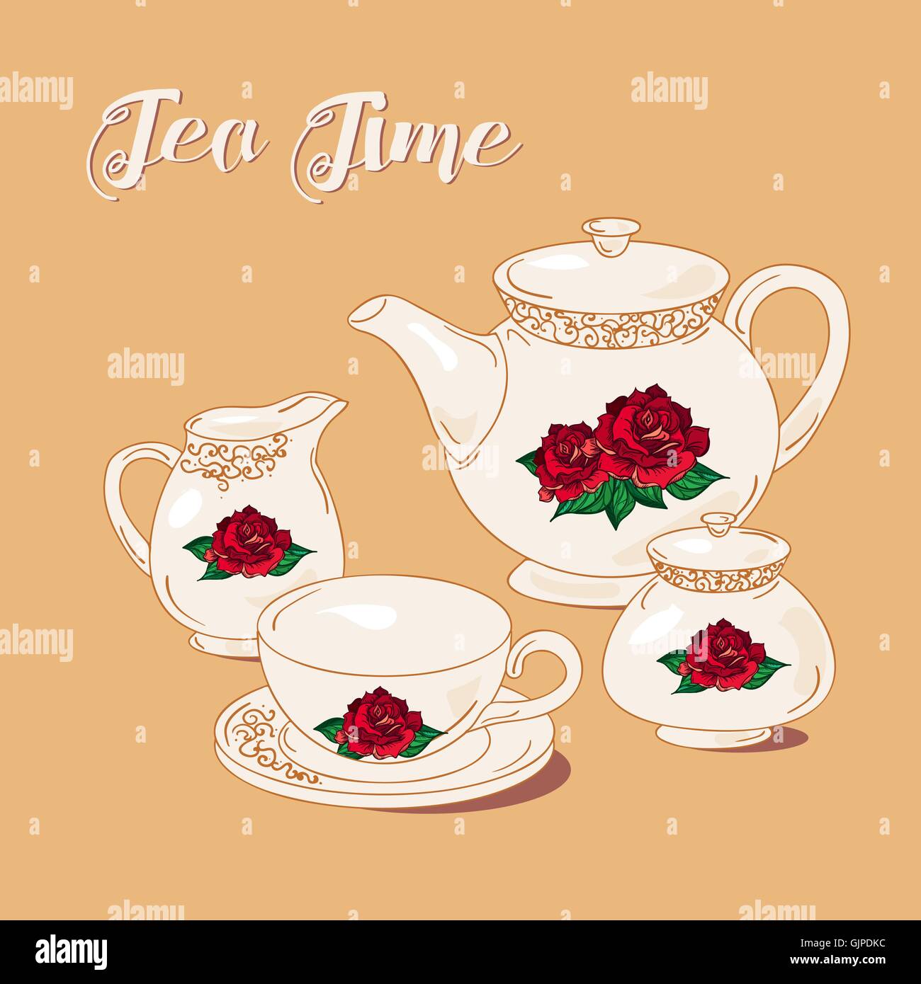 L'heure du thé et d'un plateau situé dans le style vintage. Thé anglais traditionnel avec de la vaisselle floral rose. Vector Illustration de Vecteur