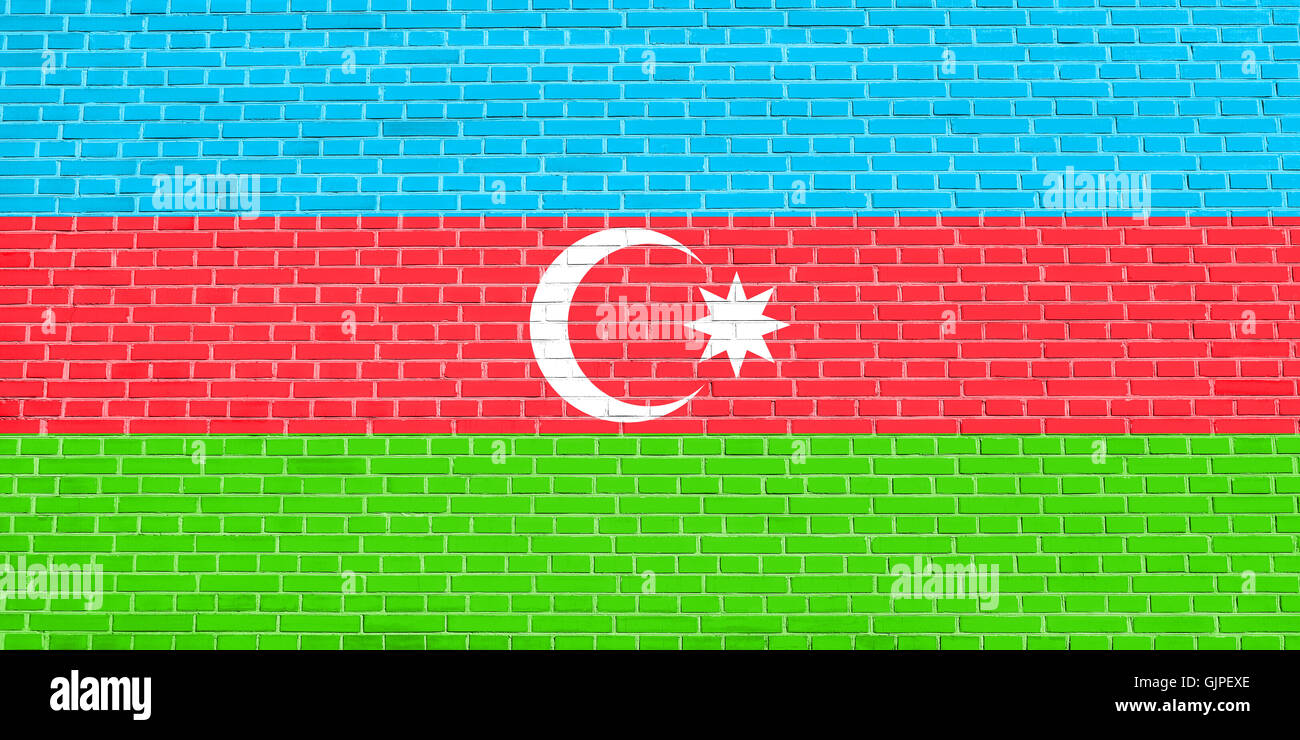 Drapeau de l'Azerbaïdjan sur mur de brique texture background. Drapeau national de l'Azerbaïdjan. Banque D'Images
