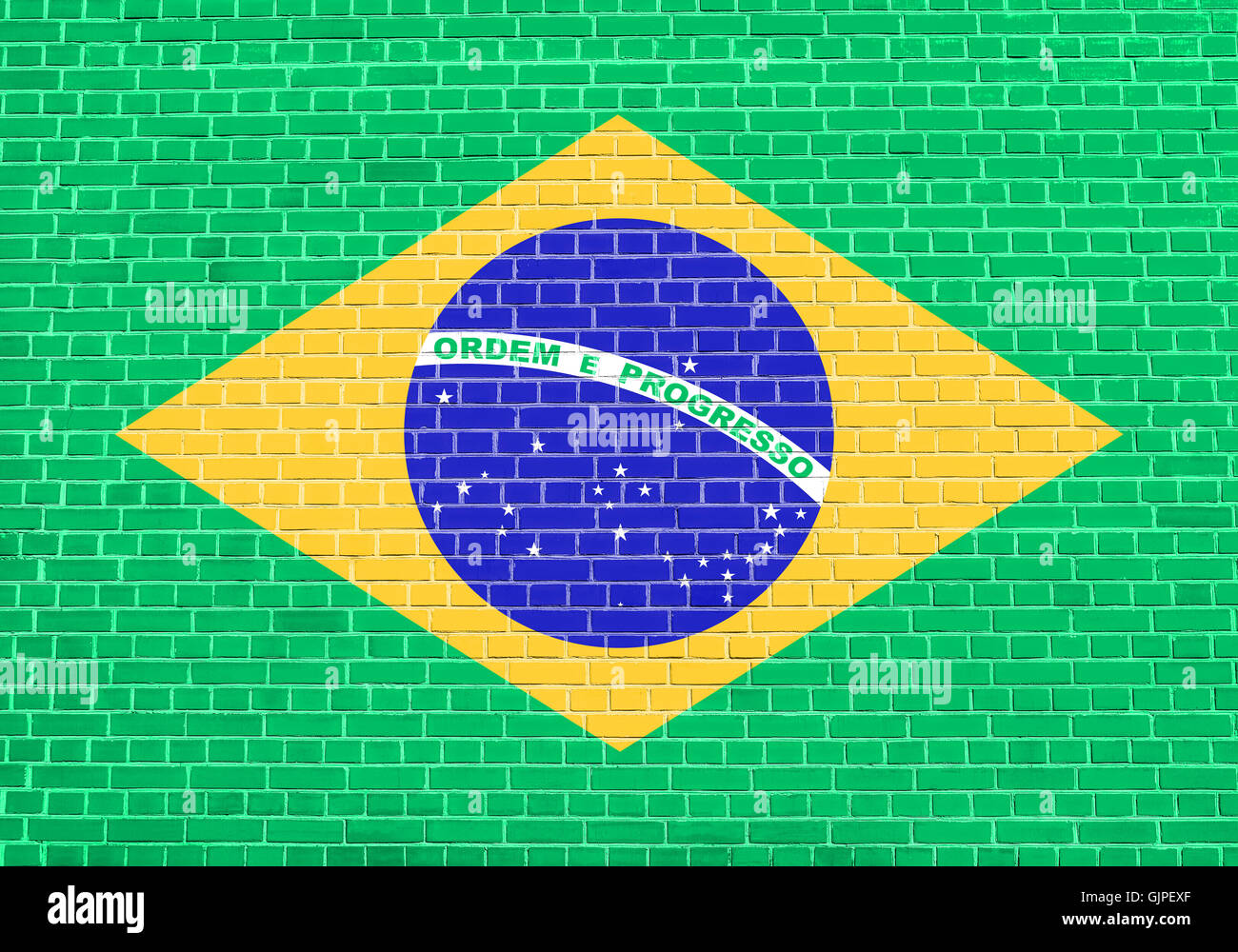 Drapeau du Brésil sur mur de brique texture background. Drapeau national brésilien. Banque D'Images