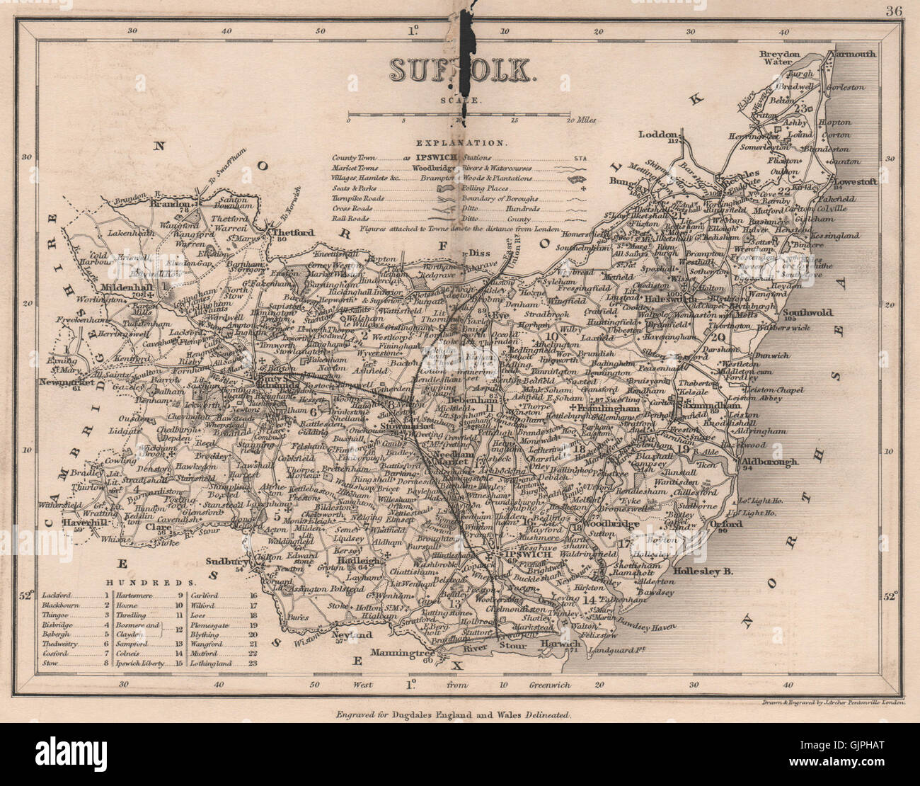 Carte du comté de Suffolk par DUGDALE/ARCHER. Les bureaux de vote, 1845 sièges Banque D'Images