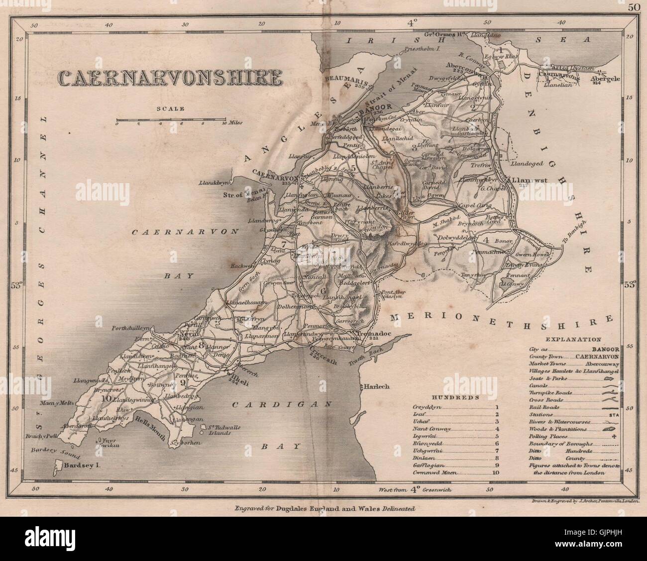 Carte du comté de CAERNARVONSHIRE par DUGDALE/ARCHER. Caernarfonshire. Sièges, 1845 Banque D'Images
