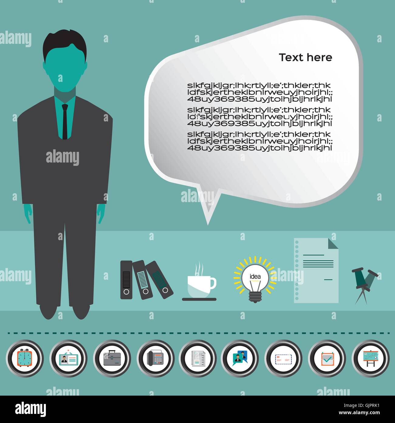 Idée d'entreprise infographie avec icônes, personne, café, dossiers et documents, modèle plat. Vector image numérique Illustration de Vecteur