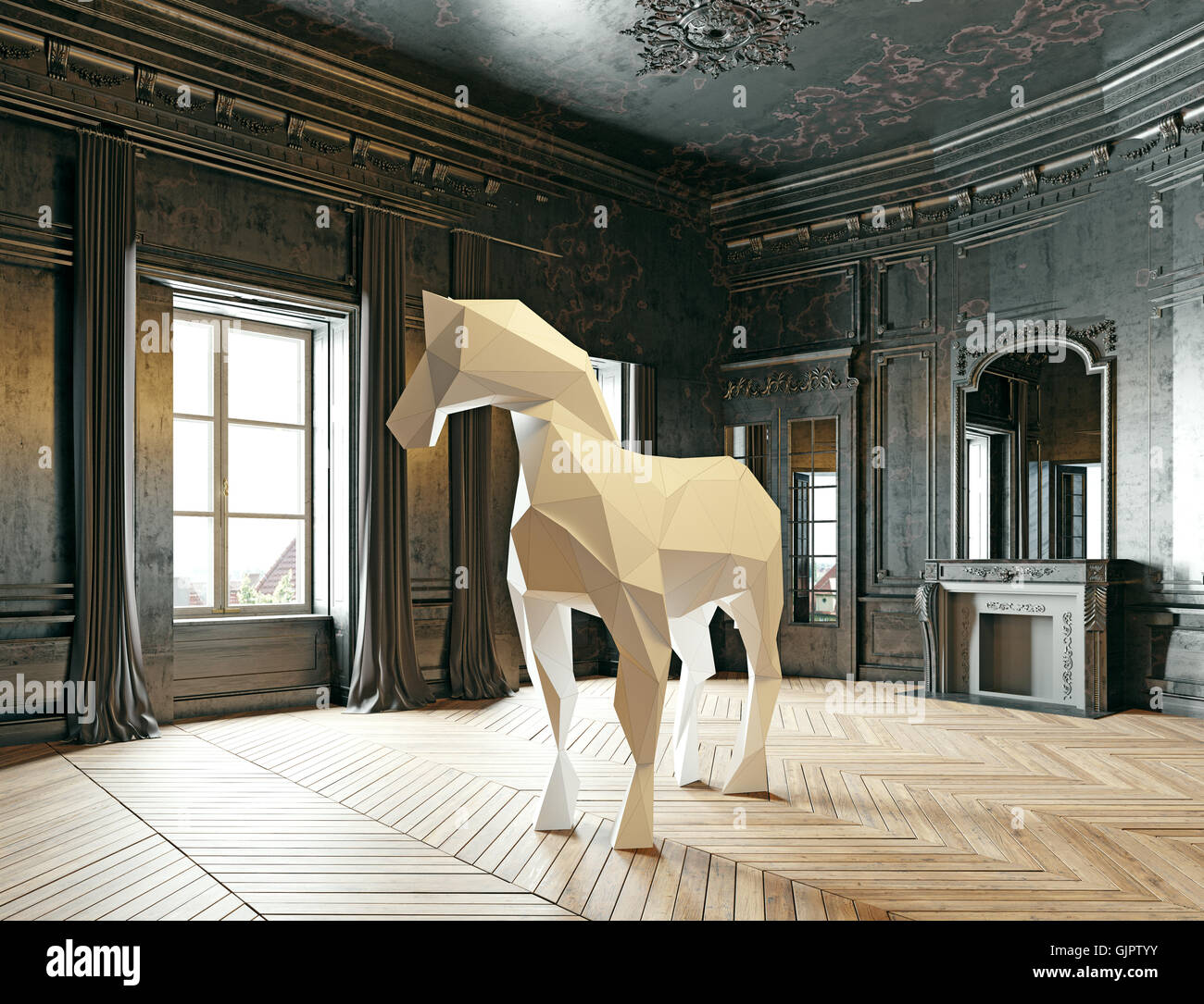 Poly-bas cheval style dans l'intérieur de luxe. Concept de rendu 3D Banque D'Images