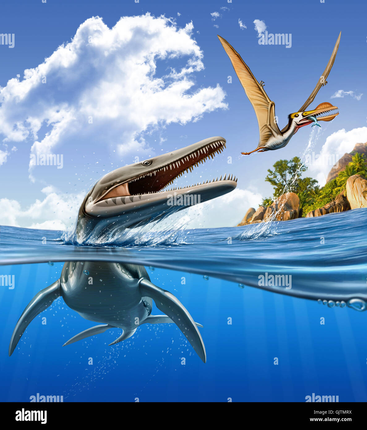 Un Plesiopleurodon saute hors de l'eau, attaque une Ornithocheirus. Banque D'Images