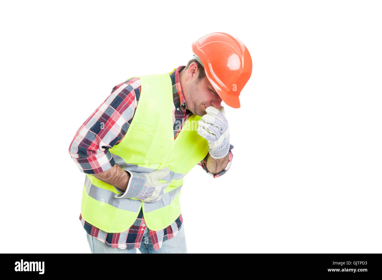 Builder avec estomac problème est sur le point de vomir comme la nausée et le concept de maladie isolé sur fond blanc Banque D'Images