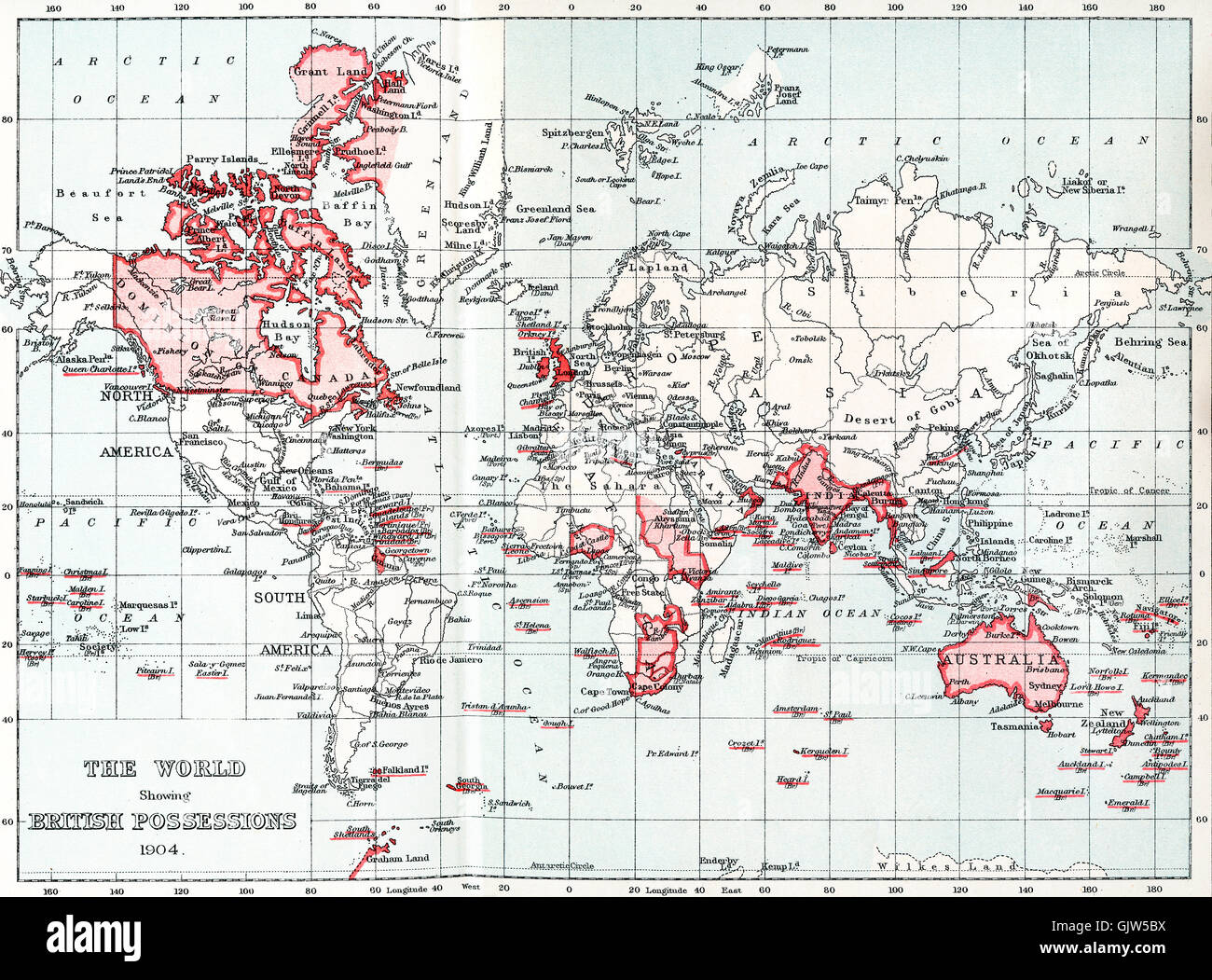 Carte du monde montrant les possessions britanniques en 1904. Banque D'Images