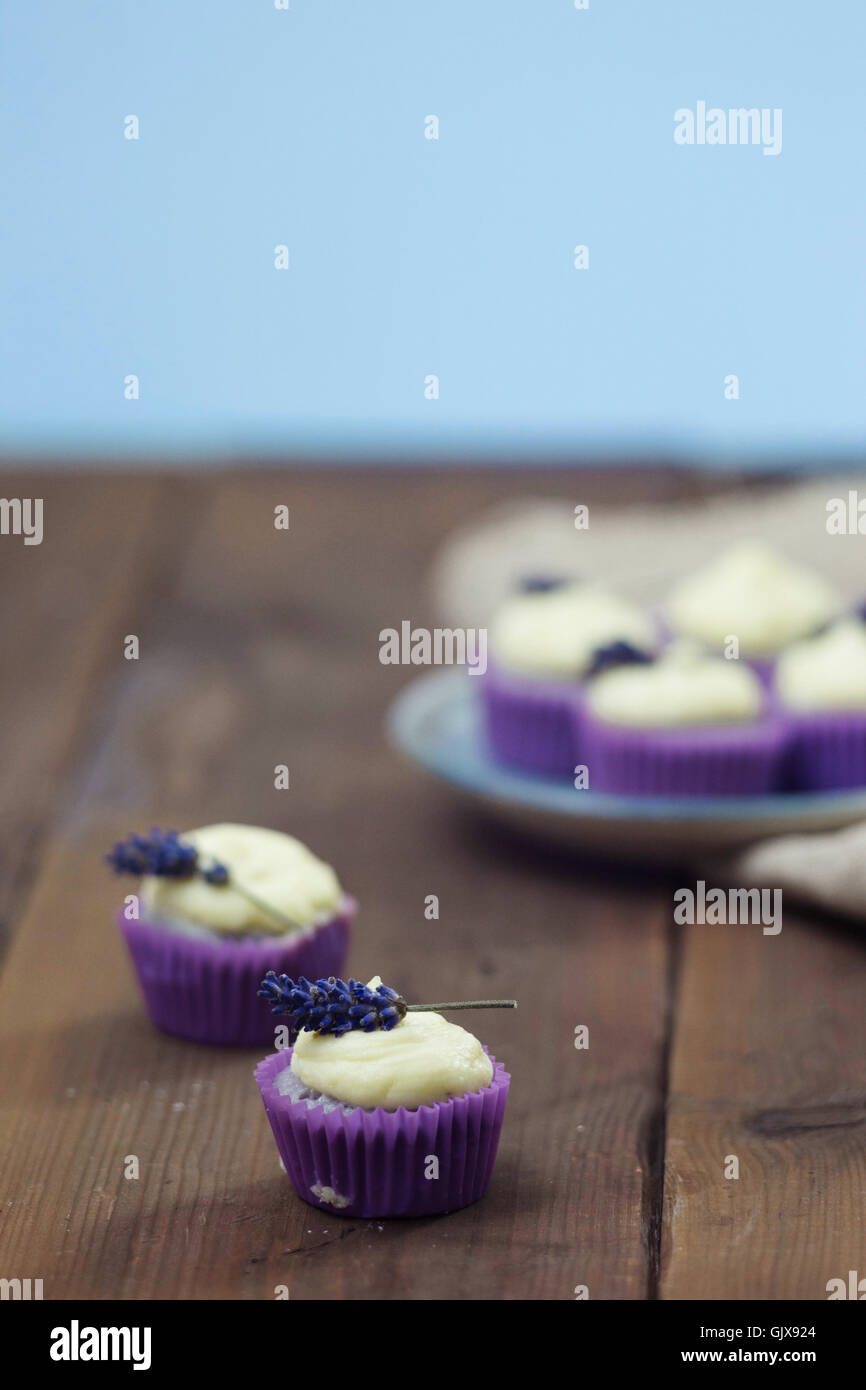 Mini lavande cupcakes avec glaçage au mascarpone sur table en bois. Gros plan avec une faible profondeur de champ et d'un grand espace de copie. Banque D'Images