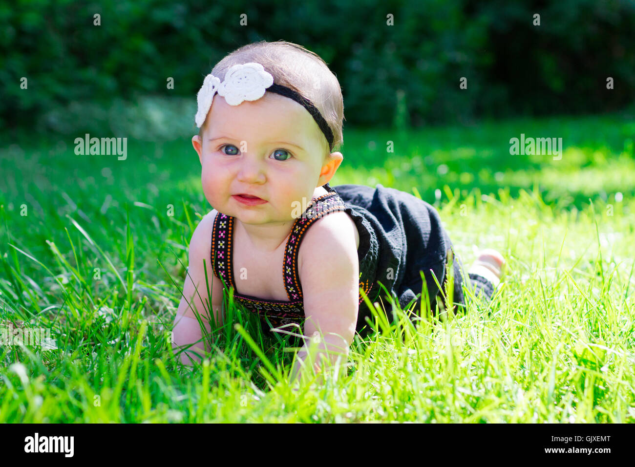Baby girl à environ 6 mois à l'extérieur dans un cadre naturel avec la lumière disponible pour un style de portrait. Banque D'Images