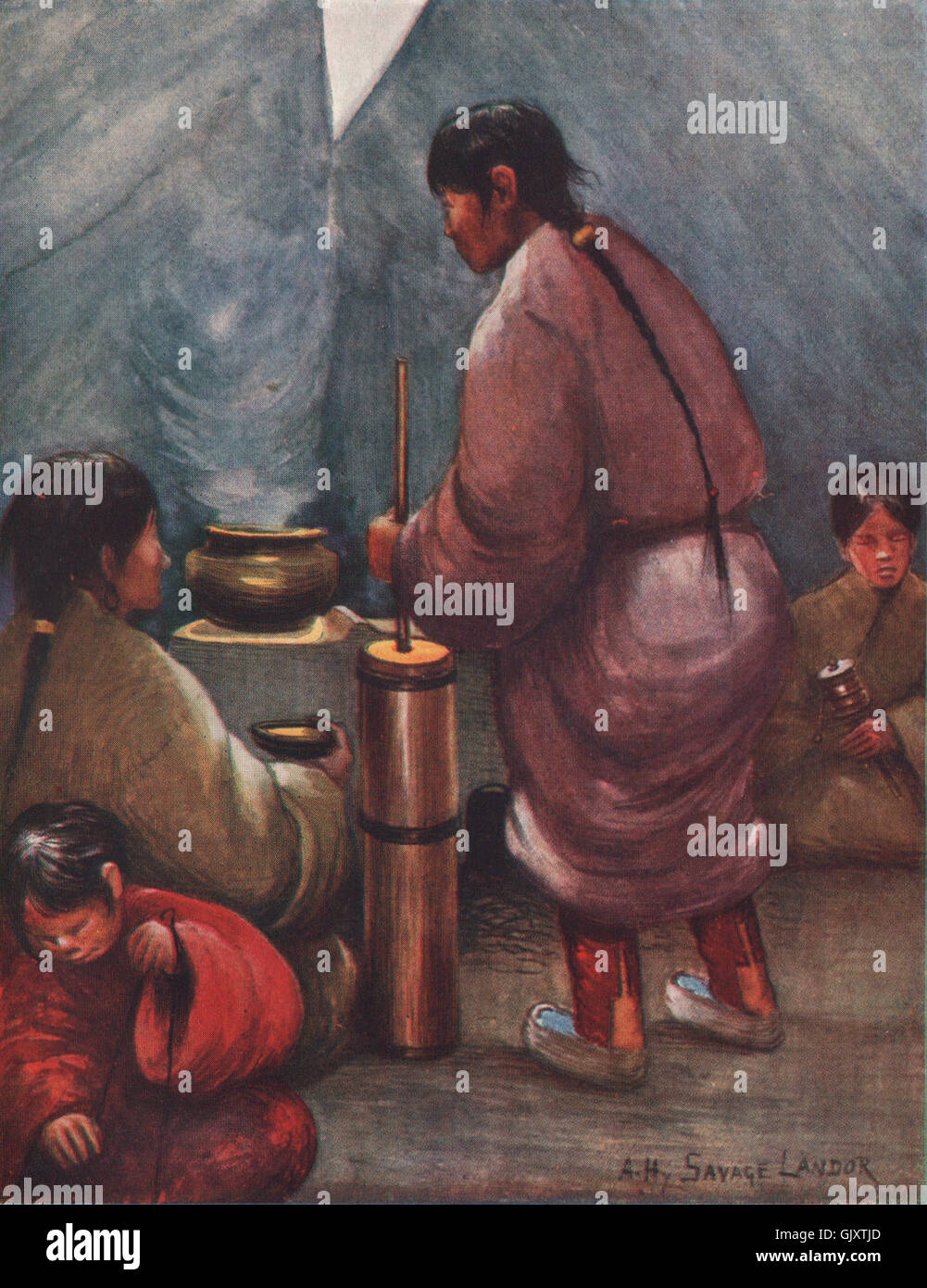 Intérieur d'une tente tibétaine ; mélange thé avec du beurre. A. Henry Savage Landor, 1905 Banque D'Images