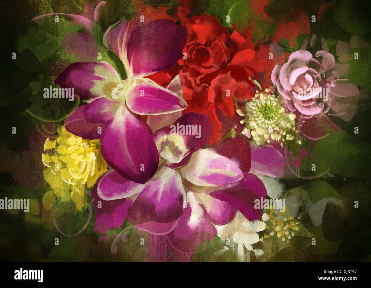 Bouquet de fleurs colorés mixtes,illustration,peinture numérique Banque D'Images