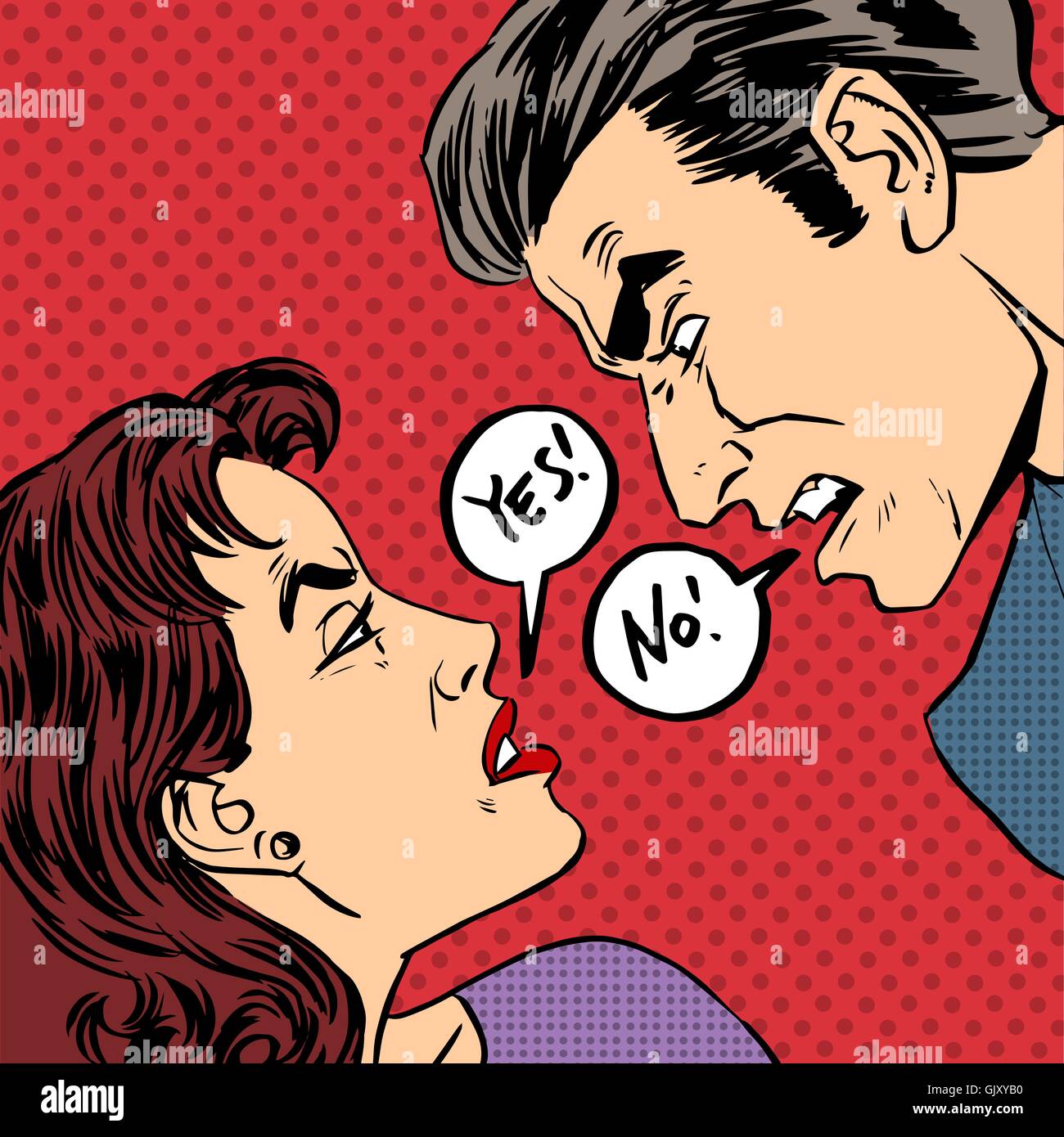 Querelle en colère hommes femmes oui pas de pop art bande dessinée au style rétro de la moitié Illustration de Vecteur