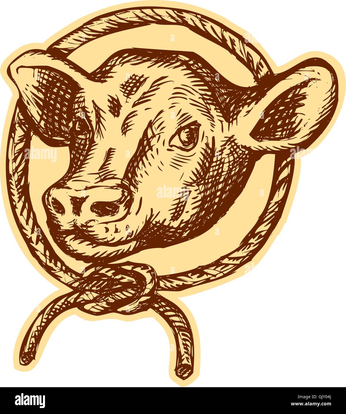Tête de taureau vache Gravure Cercle Corde Illustration de Vecteur