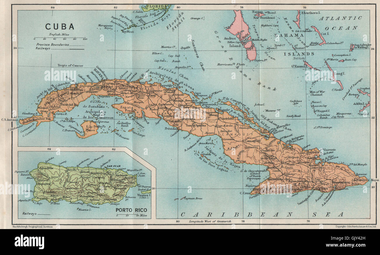 CUBA. Carte vintage. L'encart de Porto Rico. West Indies. Caraïbes, 1927 Banque D'Images