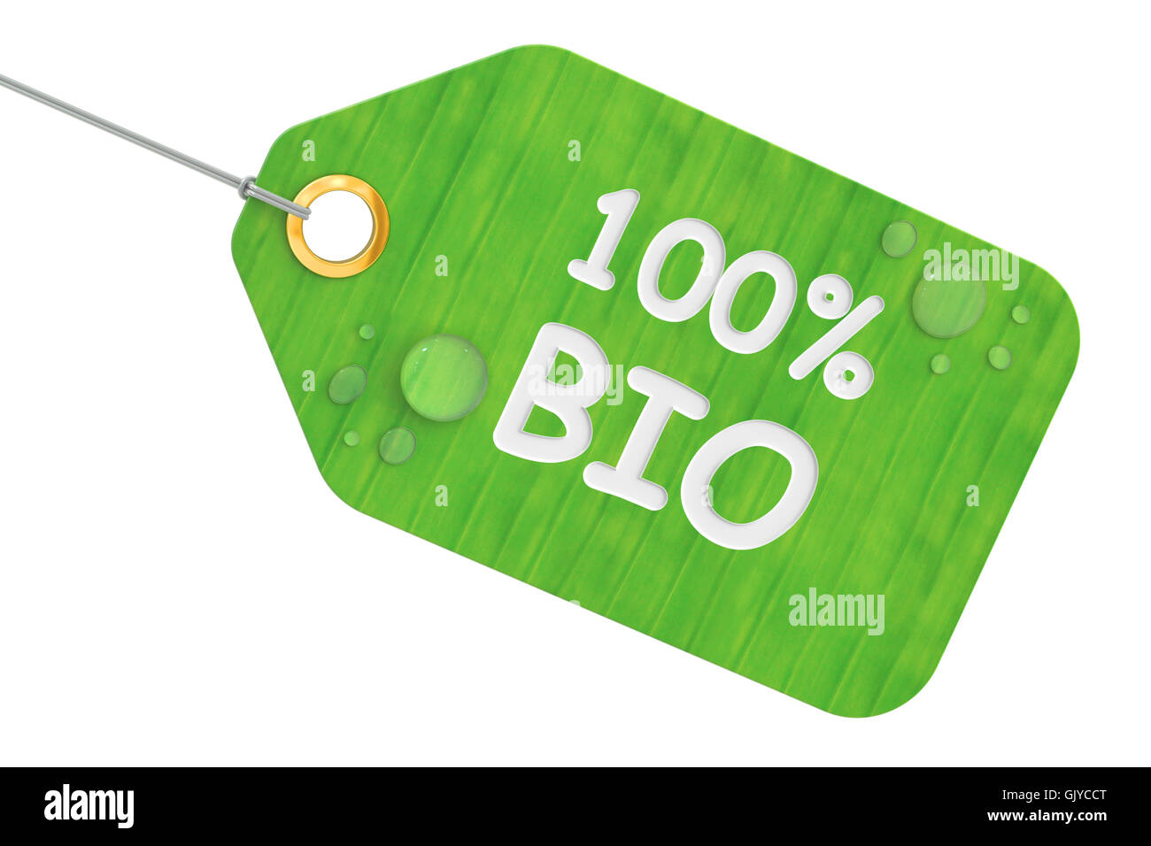 100 % bio concept, vert tag. Le rendu 3D isolé sur fond blanc Banque D'Images