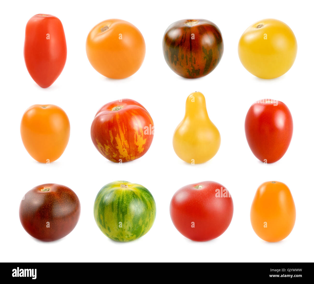 12 différents types de tomates cocktail Banque D'Images