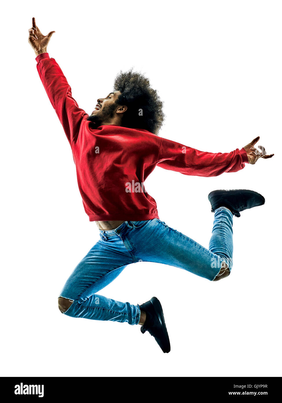 Un homme africain danseur en silhouette isolé sur fond blanc Banque D'Images