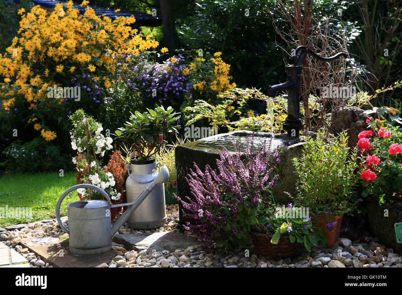 Pompe à main et creux dans le jardin Banque D'Images