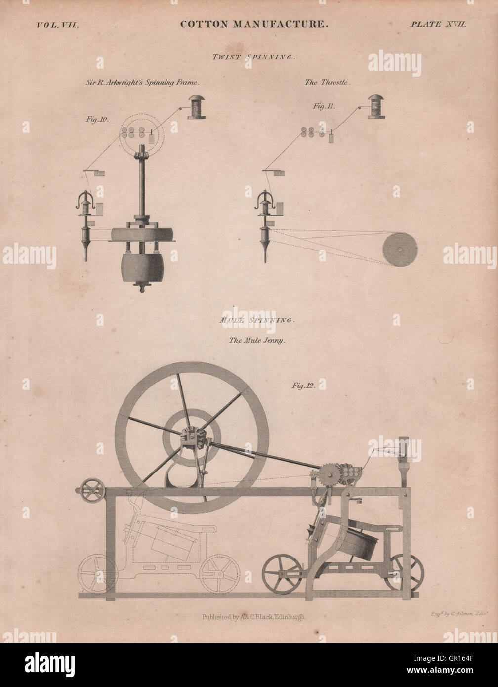 Fabrication du coton. Twist & mule spinning jenny Arkwright's frame Throstle, 1860 Banque D'Images Fabrication du coton. Twist & mule spinning jenny Arkwright's frame Throstle, 1860 Banque D'Images