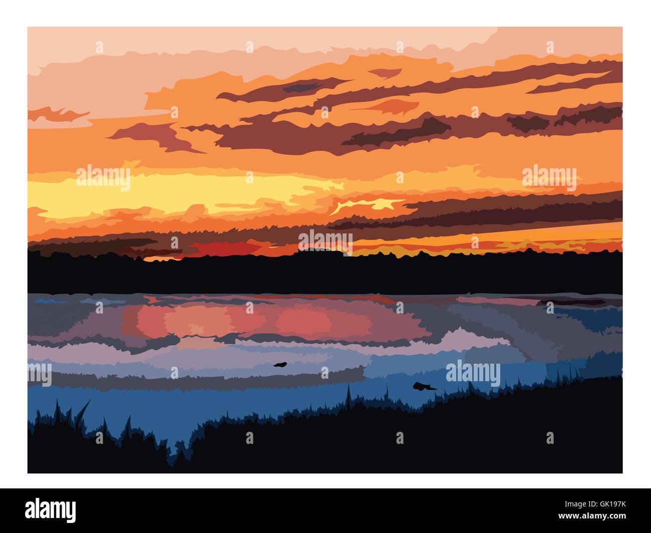 Scène du lac Coucher du Soleil Illustration de Vecteur