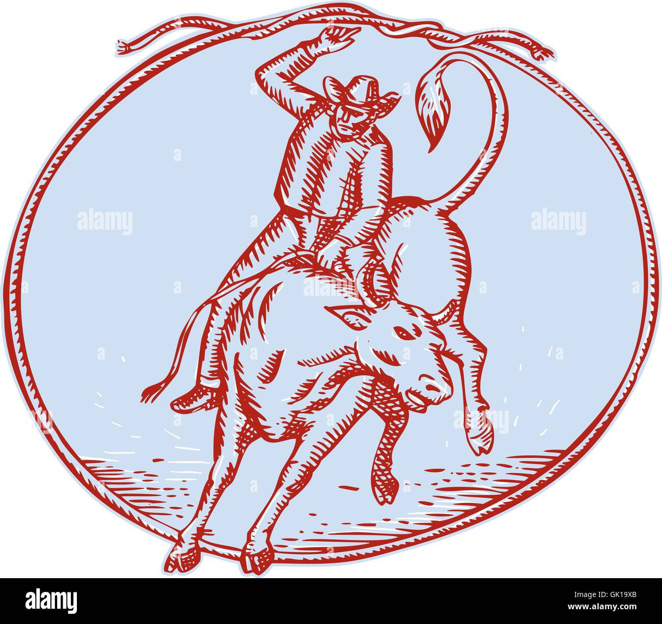 Rodeo Cowboy Bull Riding Gravure Cercle Illustration de Vecteur