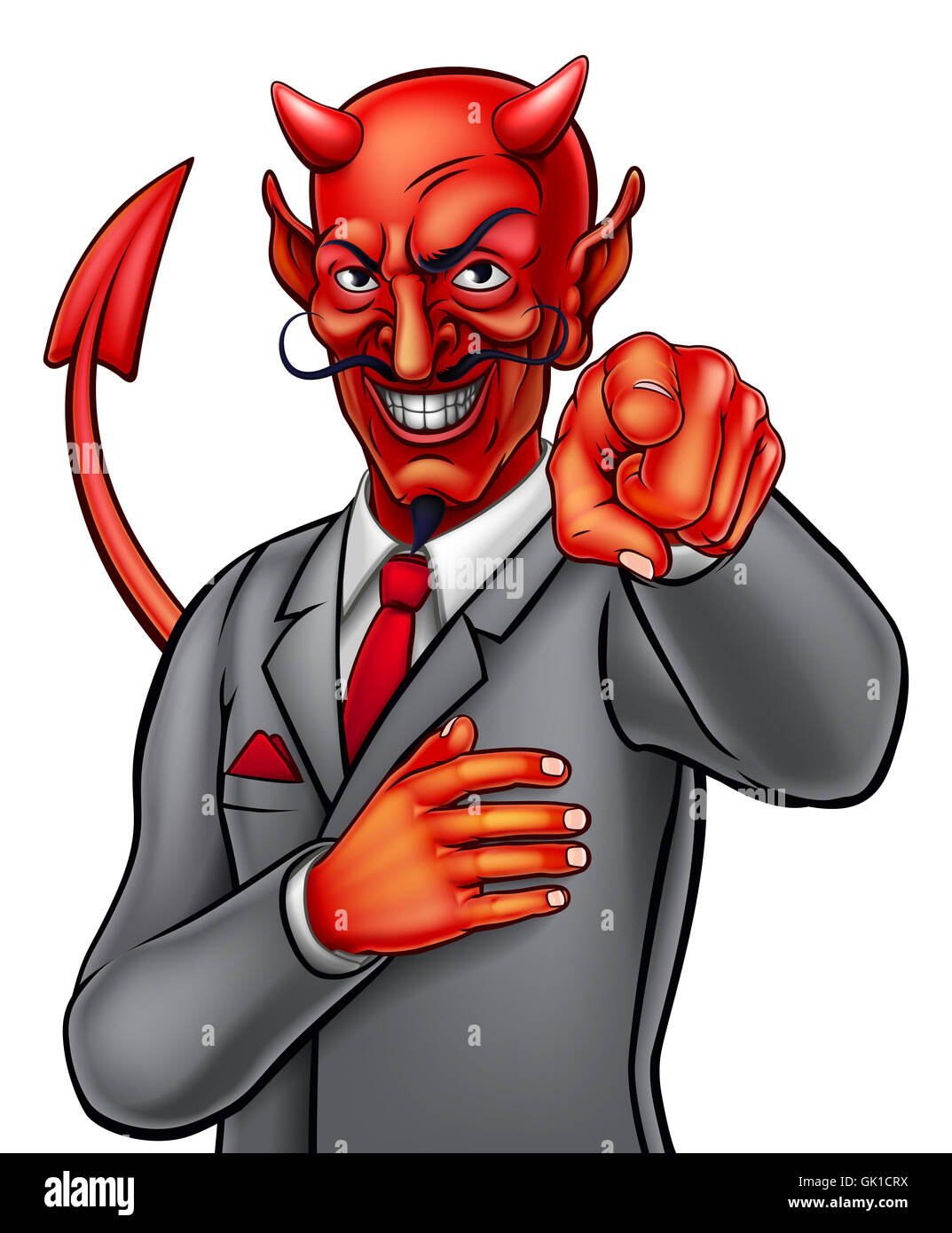 Cartoon diable Satan businessman in suit pointant son doigt dans un geste veut que vous Banque D'Images