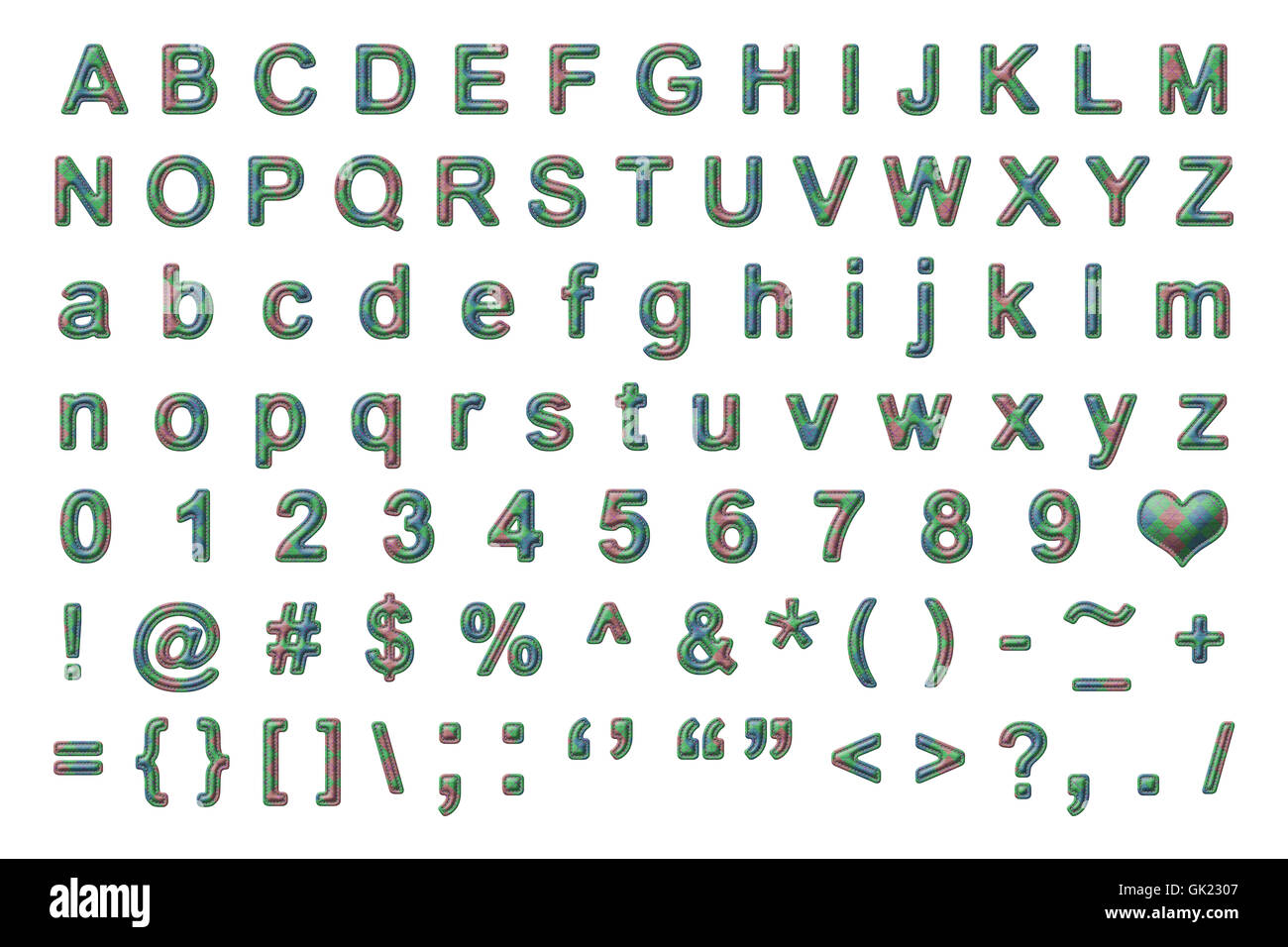 Jeu de l'alphabet avec texture tricot ,frontière cousu et style emboss isolated on white Banque D'Images