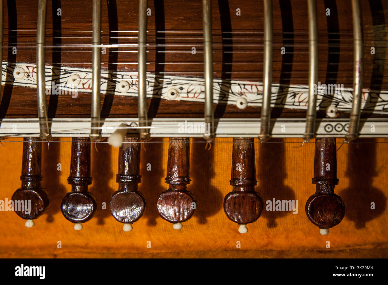 Boîtier de l'instrument avec Sitar, une chaîne d'instruments de musique traditionnelle indienne. Close-up Banque D'Images
