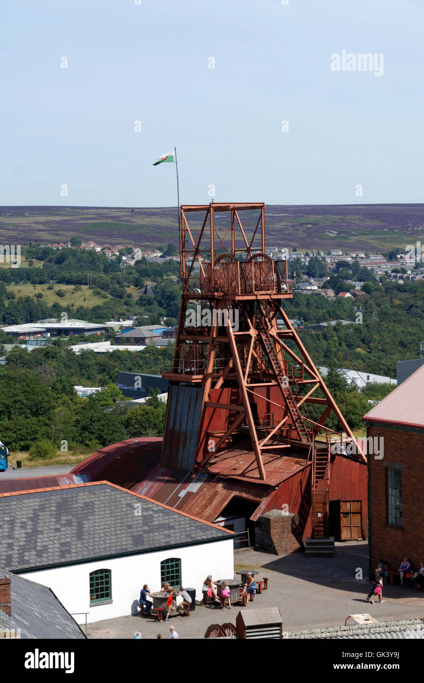 Tête de puits de bobinage, Big Pit Mining Museum, Blaenavon, Torfaen, dans le sud du Pays de Galles, Royaume-Uni. Banque D'Images