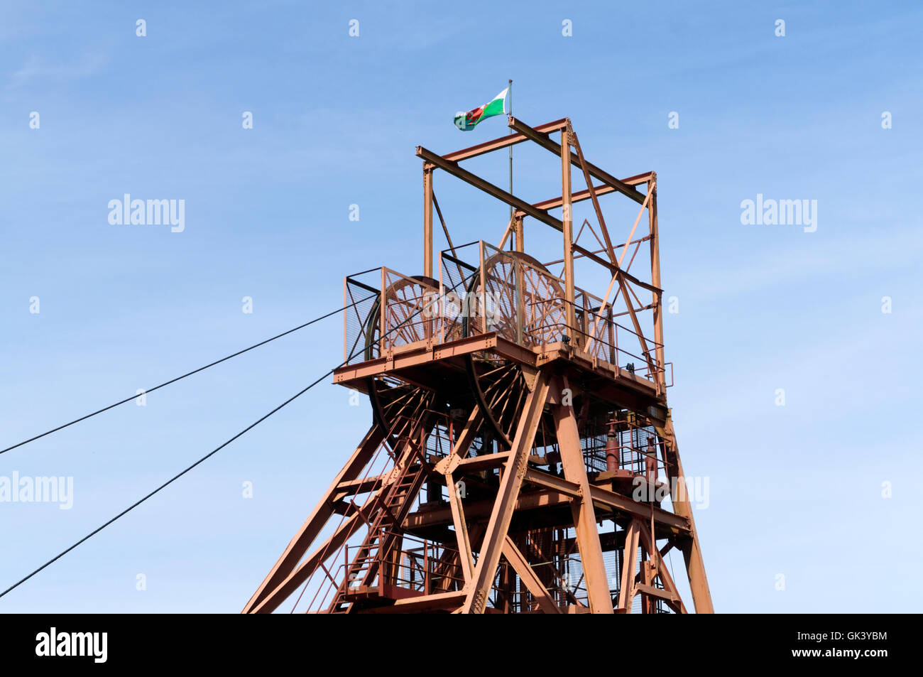 Tête de puits de bobinage, Big Pit Mining Museum, Blaenavon, Torfaen, dans le sud du Pays de Galles, Royaume-Uni. Banque D'Images