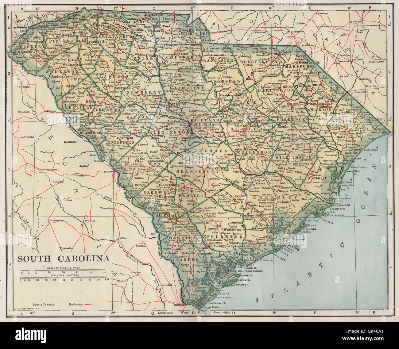 South Carolina state carte montrant des chemins de fer. POATES, 1925 Banque D'Images