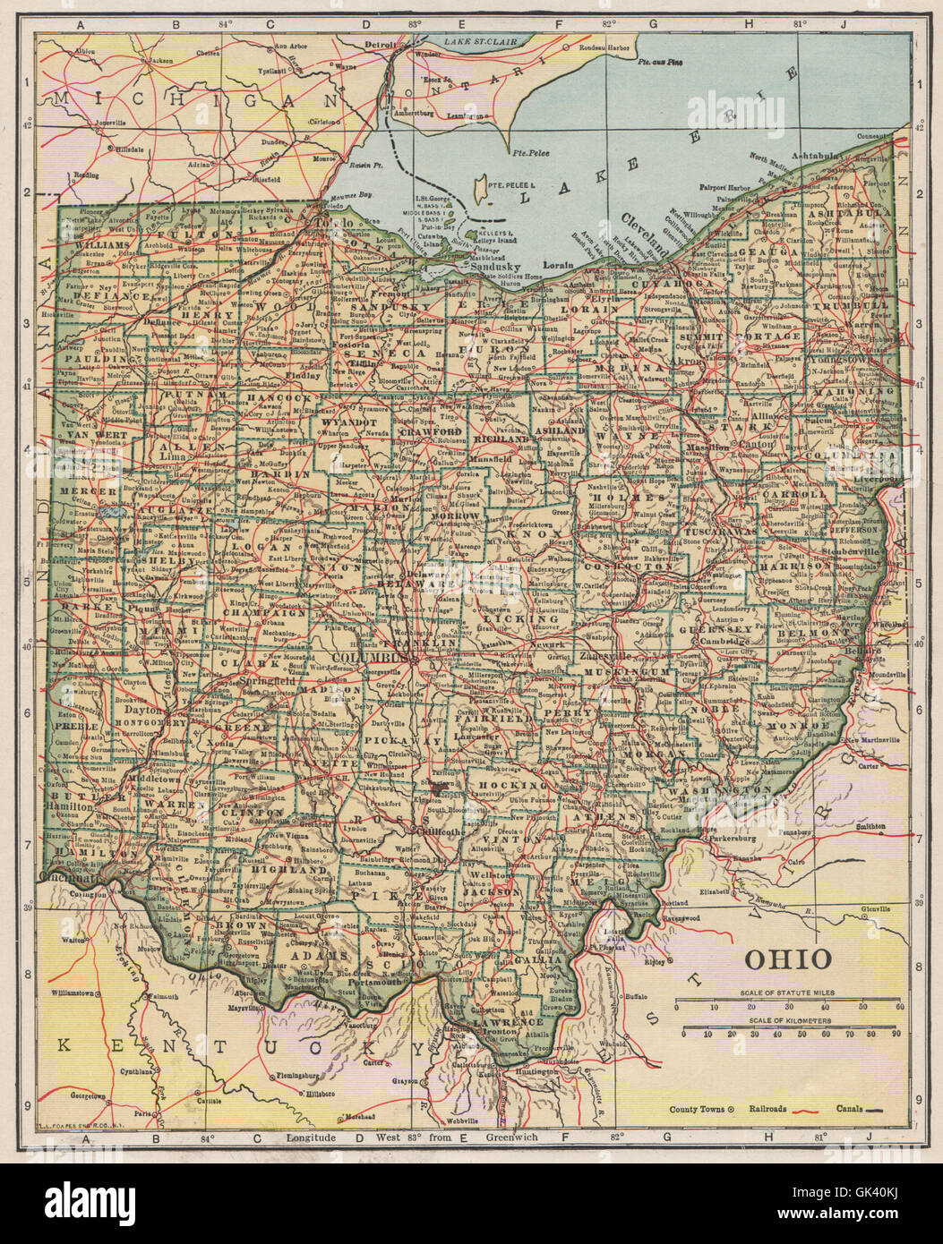 Carte montrant l'état de l'Ohio de fer. POATES, 1925 Banque D'Images