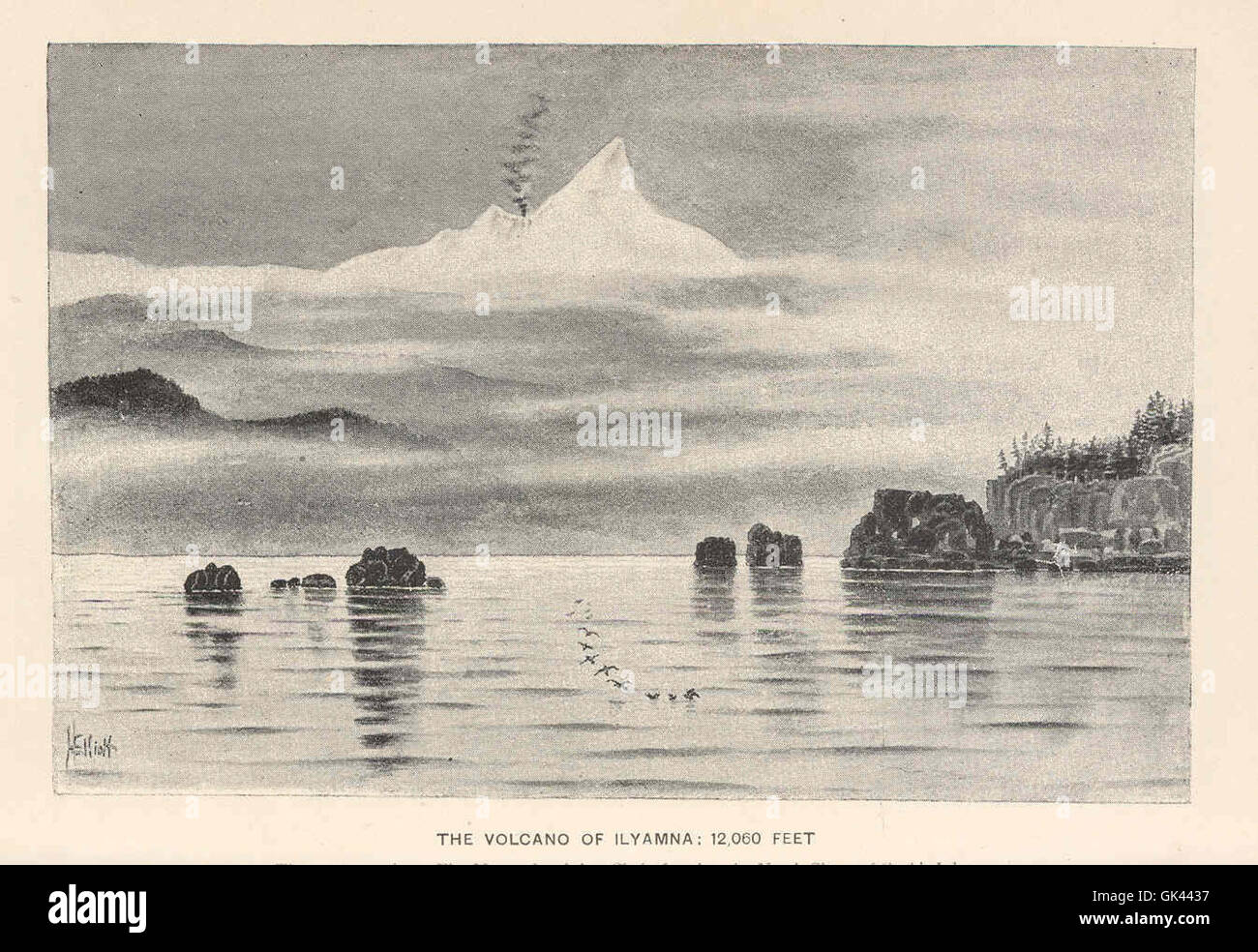 Le mont Ilyamna est un stratovolcan actif situé en Alaska, s'élevant à 12 000 pieds. Il fait partie de l’arc volcanique des Aléoutiennes et est connu pour son potentiel d’éruption, influençant à la fois l’environnement local et l’activité sismique dans la région. Banque D'Images
