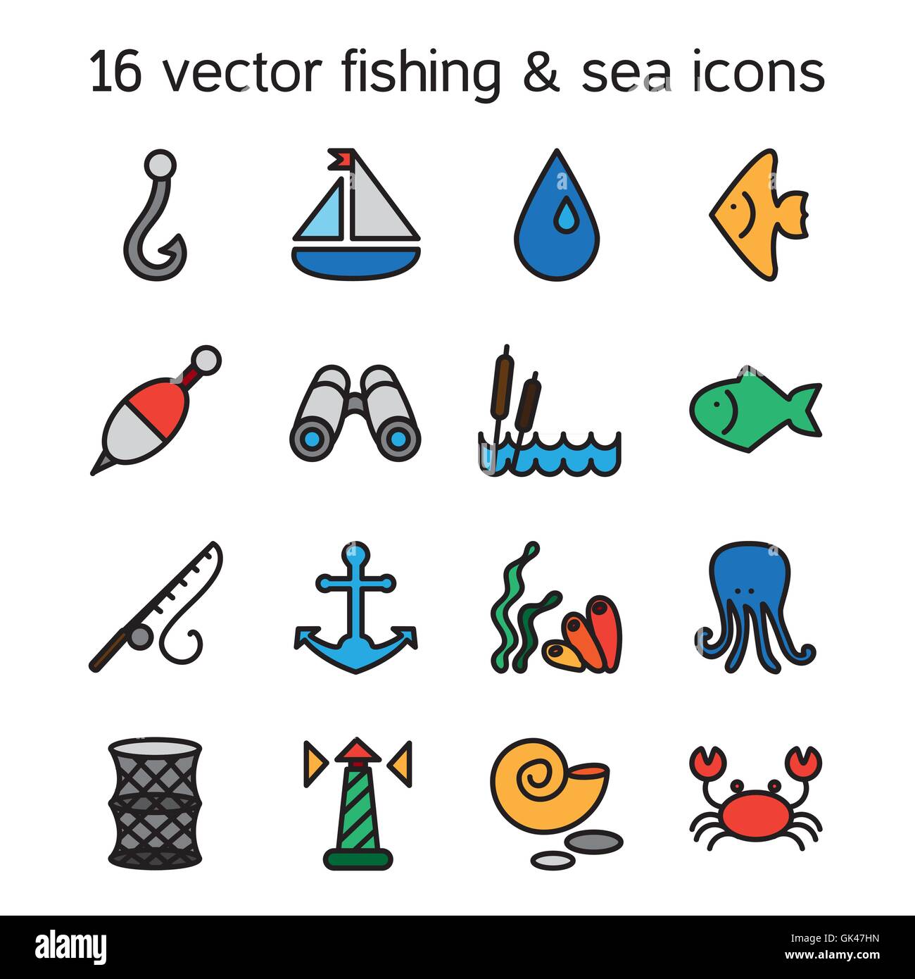 Marine et de pêche isolés icons set. Vector Illustration de Vecteur