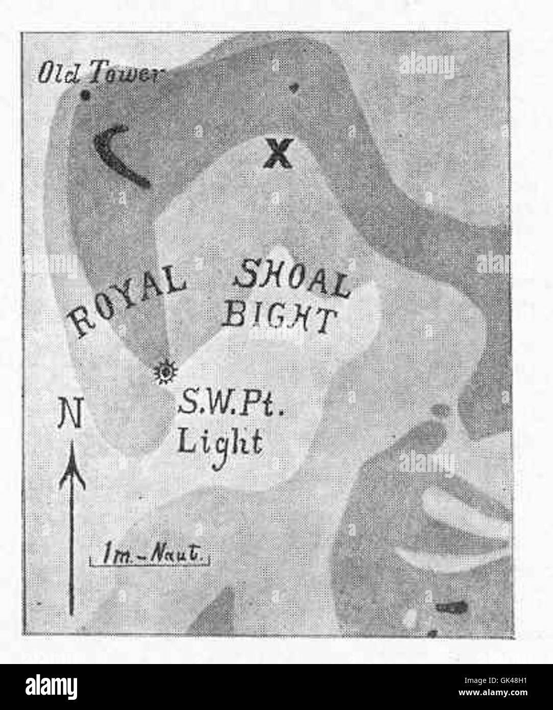 La carte du Bight of Royal Shoal montre des profondeurs d'eau variables, indiquant des profondeurs comprises entre 6 et 12 pieds. La carte est utilisée pour la navigation et les activités maritimes dans la région. Banque D'Images