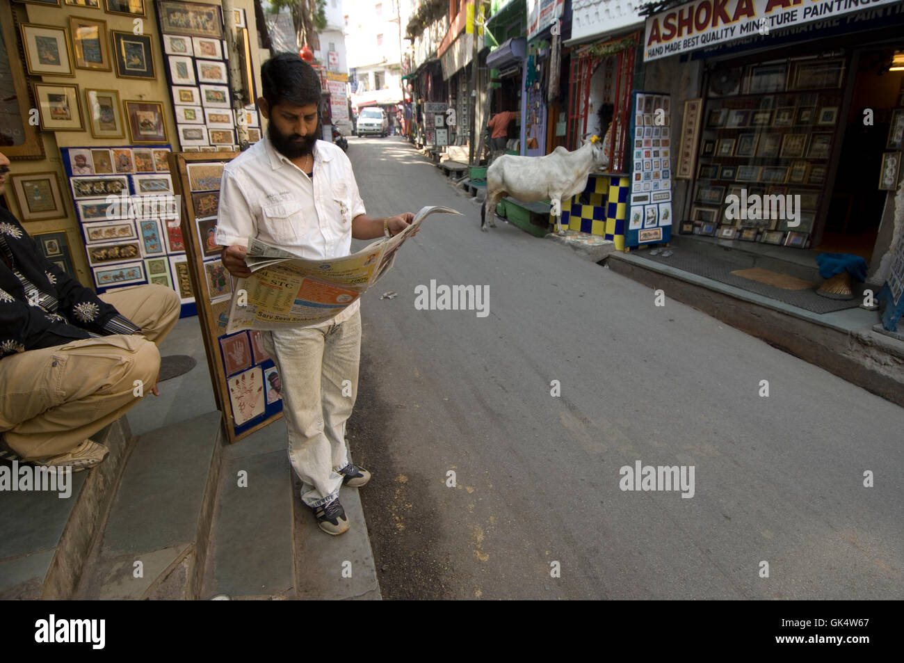 2009, Udaipur, Inde --- un homme lit un journal dans une rue d'Udaipur tandis qu'une vache sacrée erre en arrière-plan. Udaipur Banque D'Images