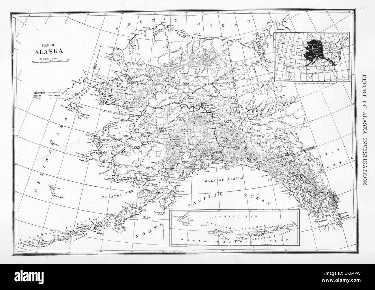 Une image montrant une carte de l'Alaska, mettant en évidence ses caractéristiques géographiques et ses vastes paysages, qui comprennent des zones côtières et intérieures riches en ressources naturelles et en faune. Banque D'Images