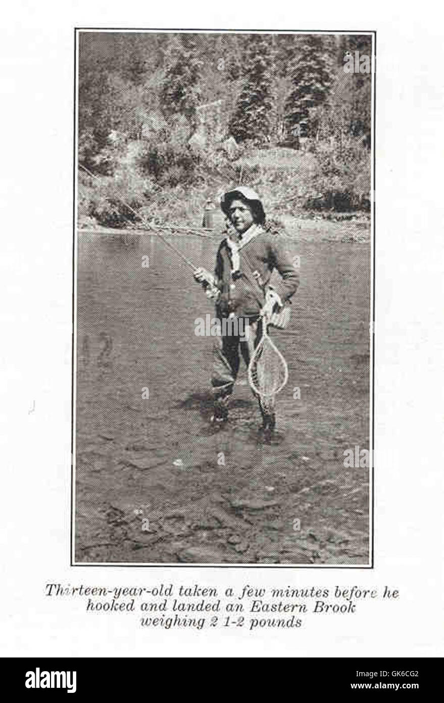 Un pêcheur de treize ans, quelques instants avant d'accrocher et d'atterrir une truite Eastern Brook pesant 2,5 livres, mettant en valeur l'habileté et la patience des jeunes pêcheurs. Banque D'Images