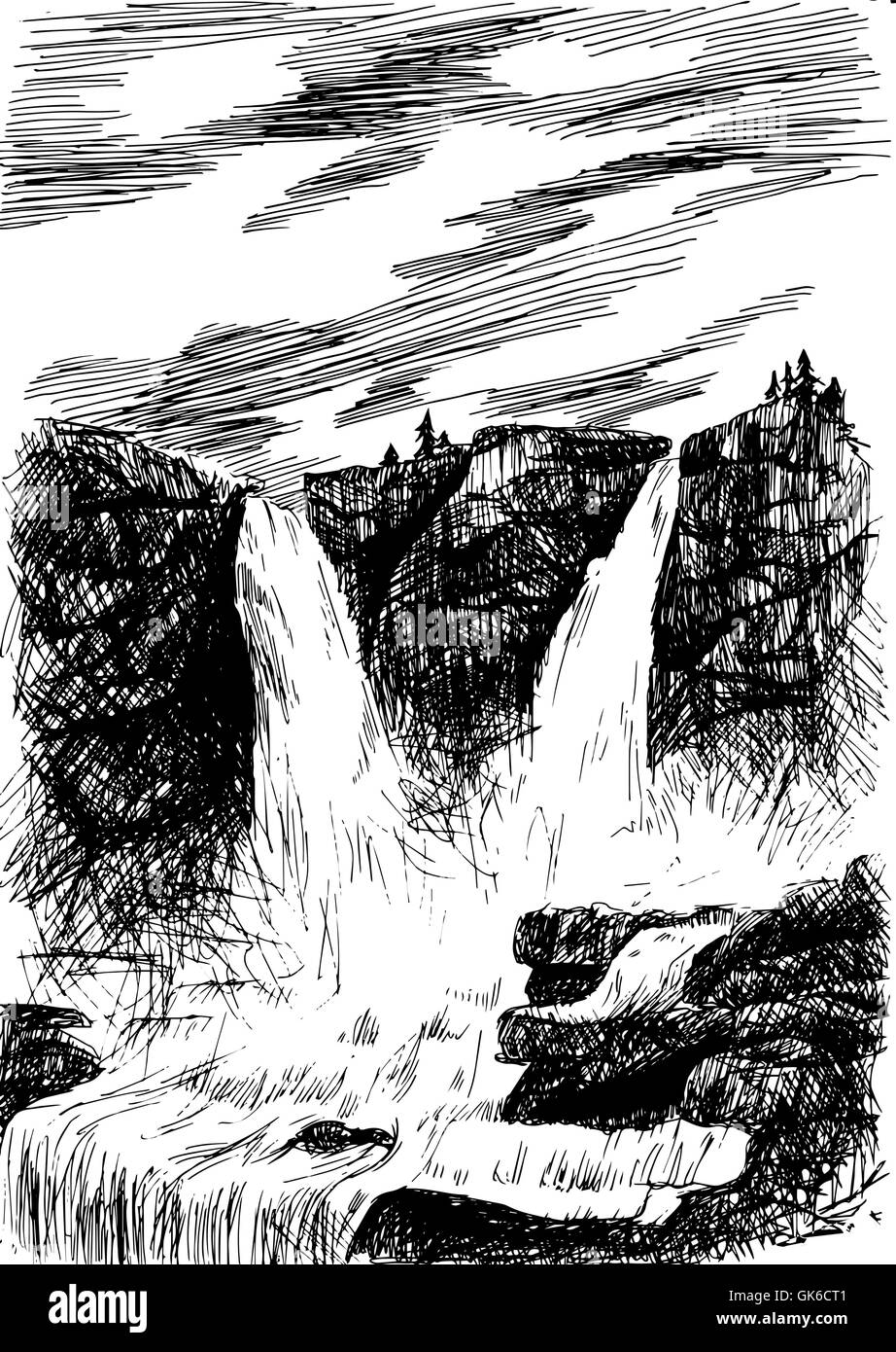 Paysage de montagne avec une cascade de scénario par des hachures en eps, nature, cascade scetch poster Illustration de Vecteur