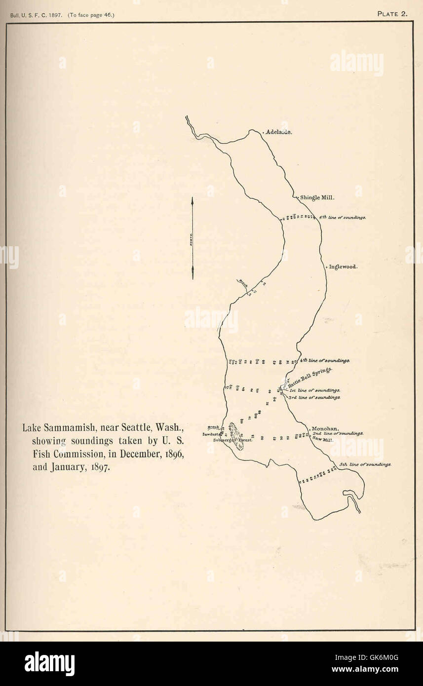 Cette carte montre les sondages du lac Sammamish, près de Seattle, Washington, basés sur des mesures prises par la Commission américaine des pêches en décembre 1896 et janvier 1897. Les données ont fourni des informations clés sur la profondeur du lac et les conditions aquatiques. Banque D'Images