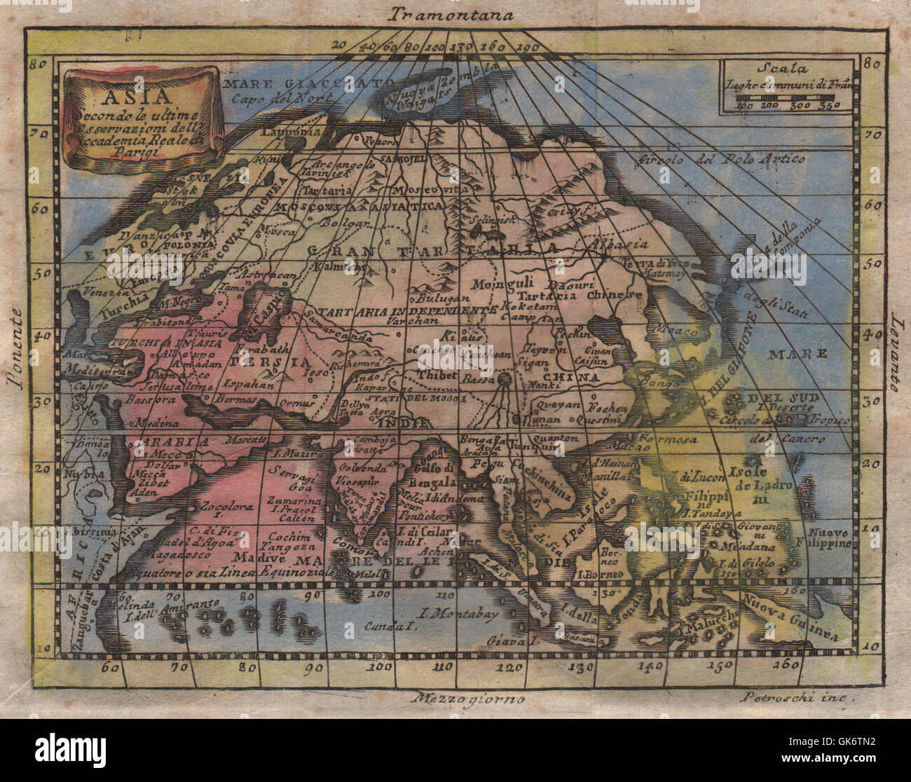 'Asia' avec le lac mythique Bassa/Chiamay. Original de la couleur. BUFFIER 1775 map Banque D'Images