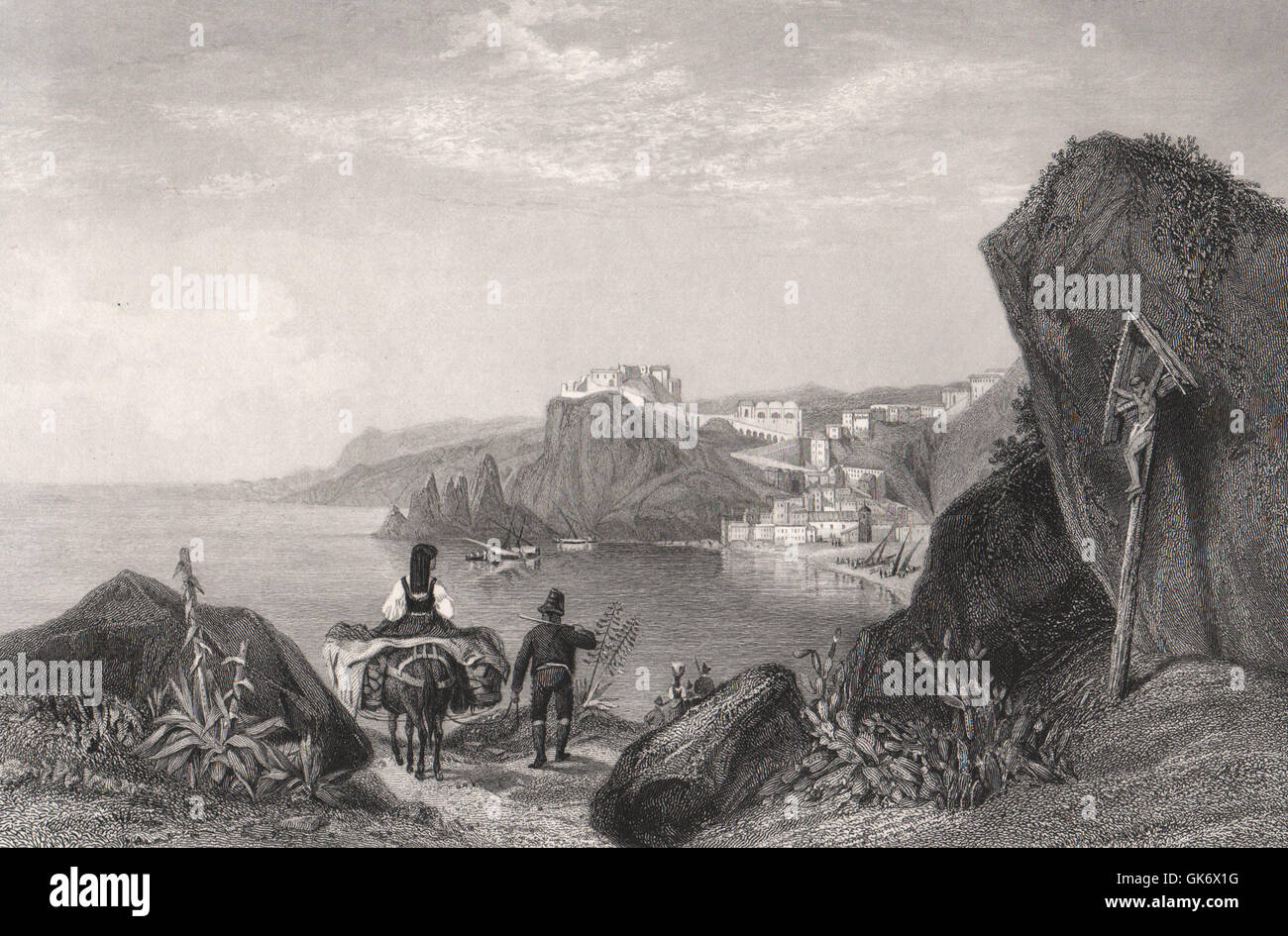 Rock et le promontoire de Scylla, Calabre, Italie, antique print 1840 Banque D'Images