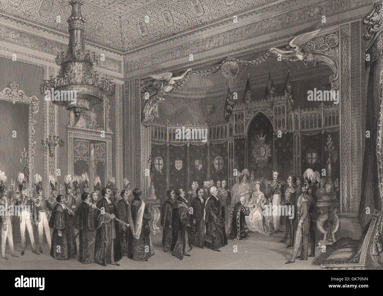 La salle du trône, le palais de Buckingham. LONDON INTERIORS, antique print 1841 Banque D'Images