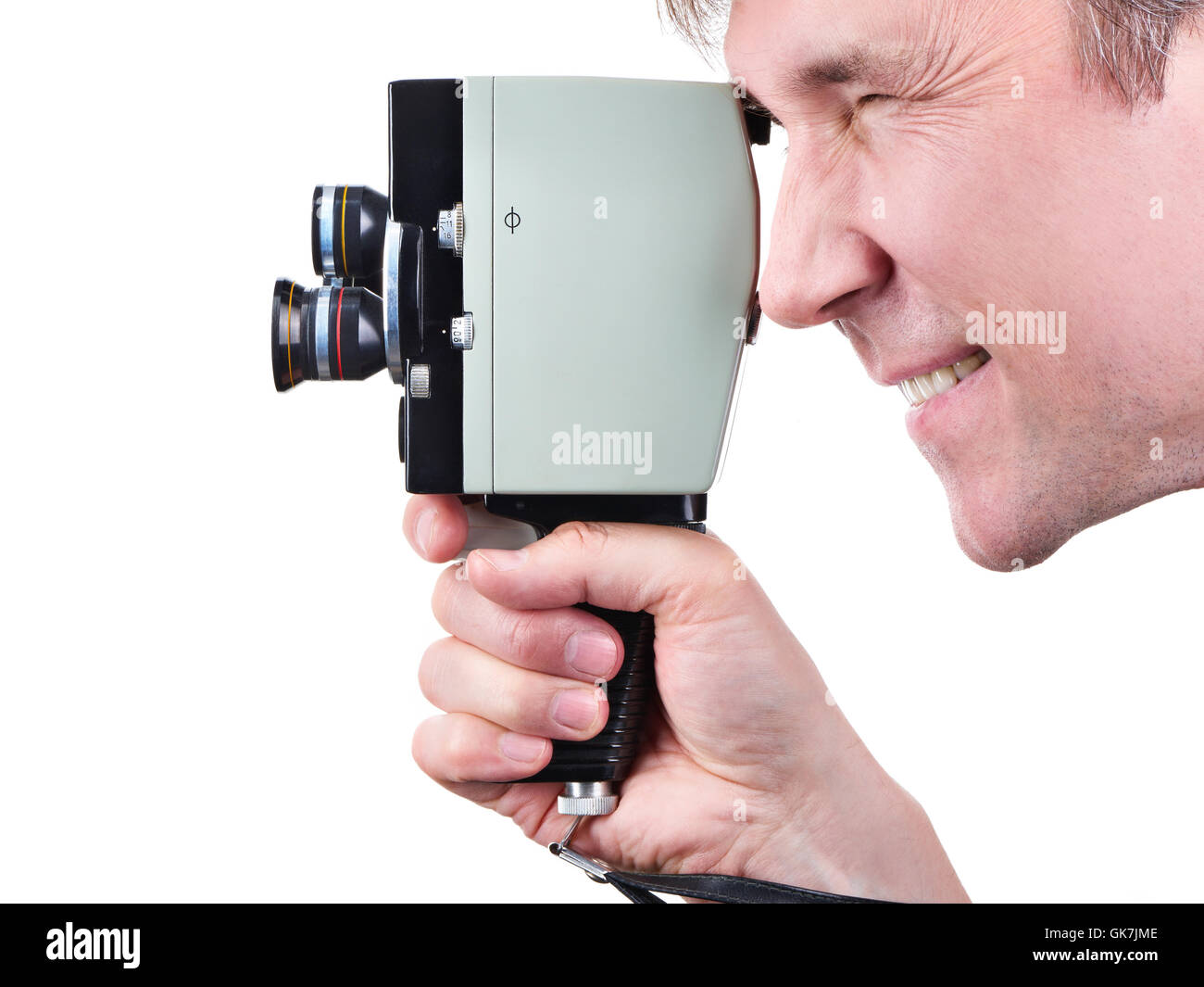 Passe-temps mécanique rétro film appareil photo dans les mains de l'opérateur blanc isolé Banque D'Images
