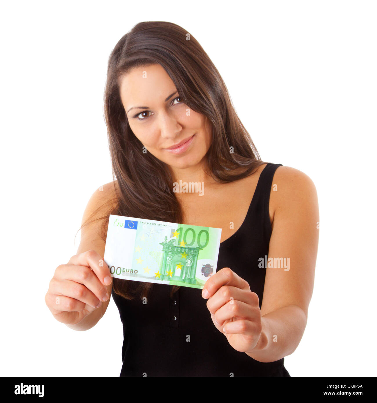 Femme avec 100 euro note Banque D'Images