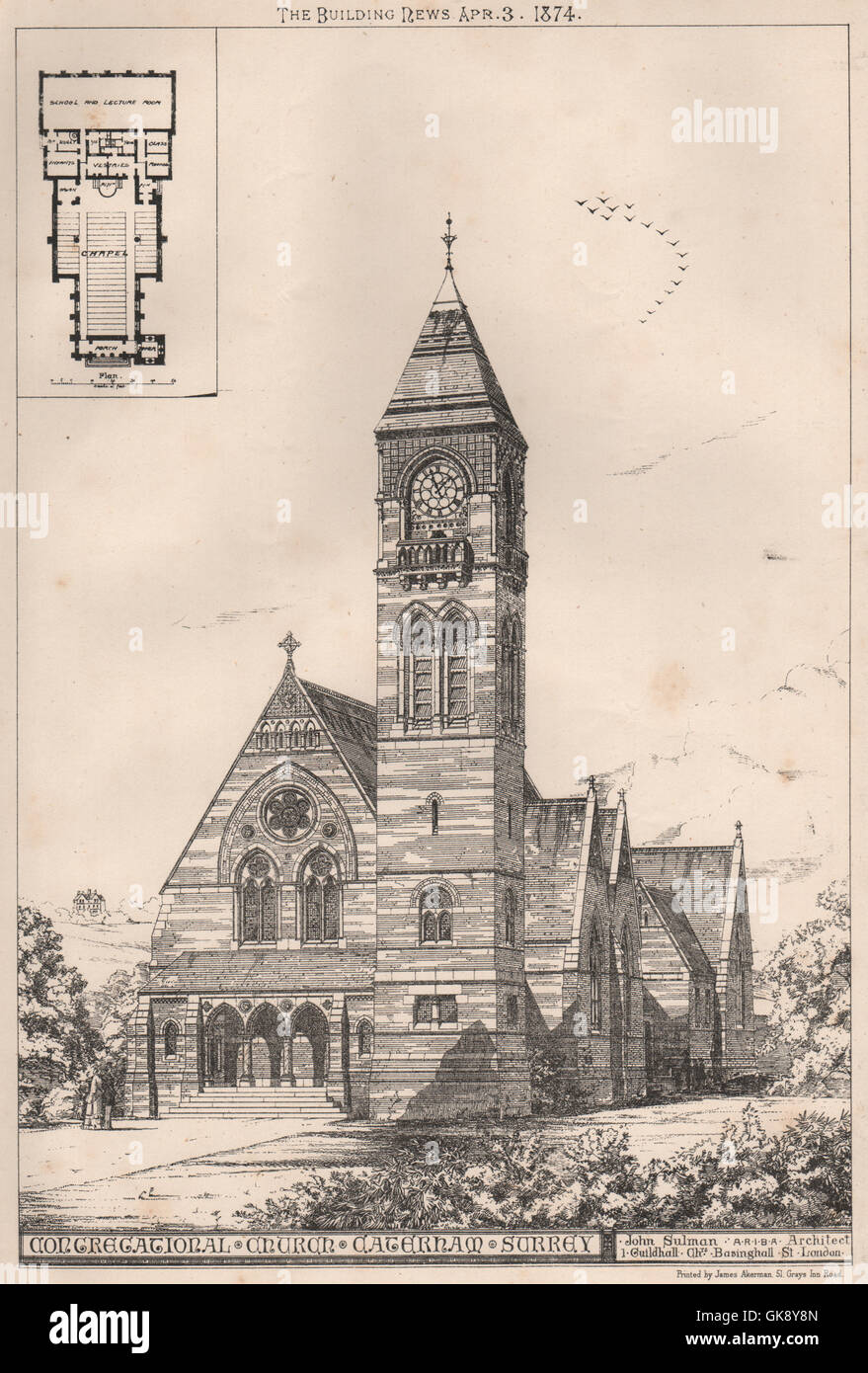 L'Église congrégationaliste, Caterham, Surrey ; John Sulman Architecte, ancien imprimer 1874 Banque D'Images