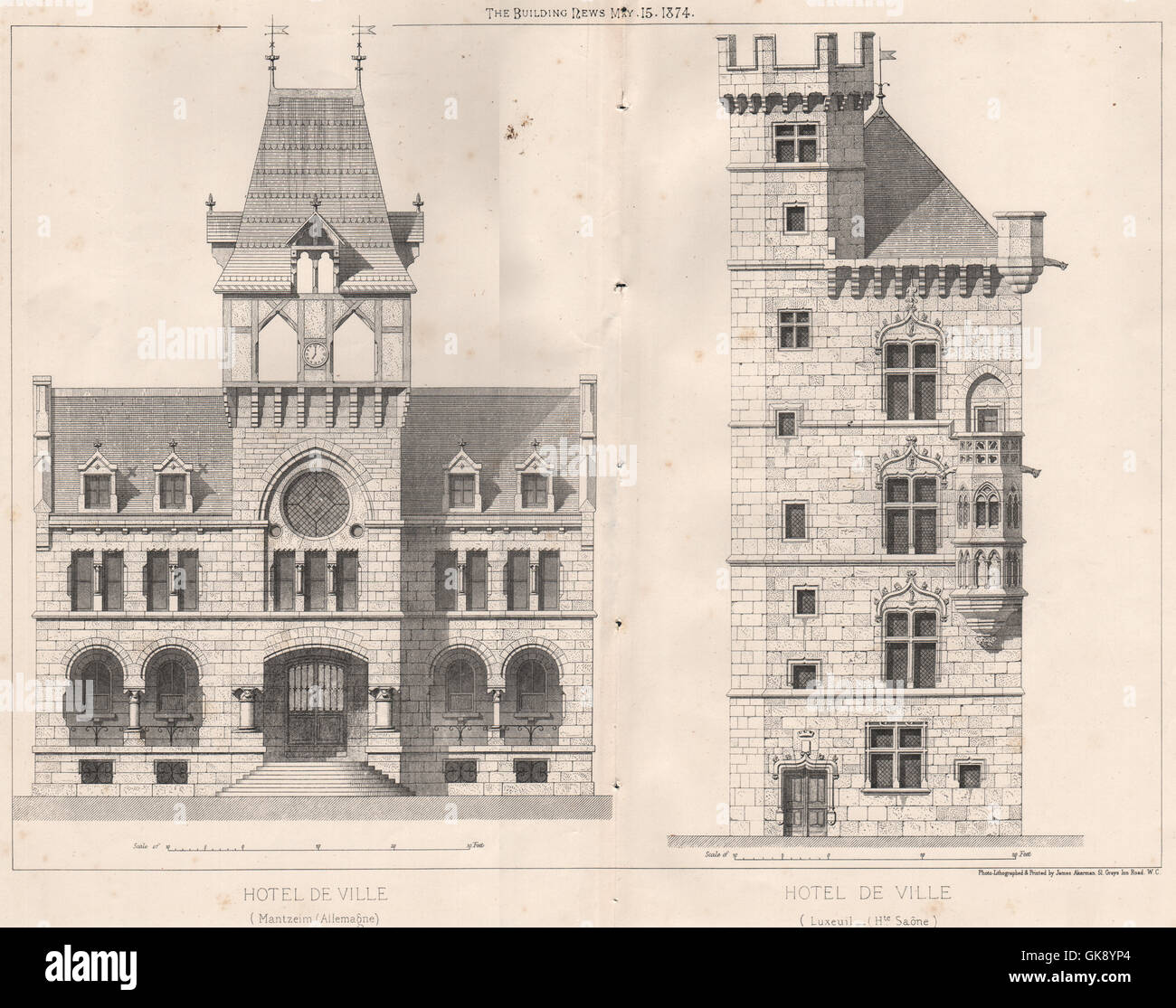 L'hôtel de ville - les Mantzeim, Allemagne & Luxeuil, Haute-Saône, antique print 1874 Banque D'Images