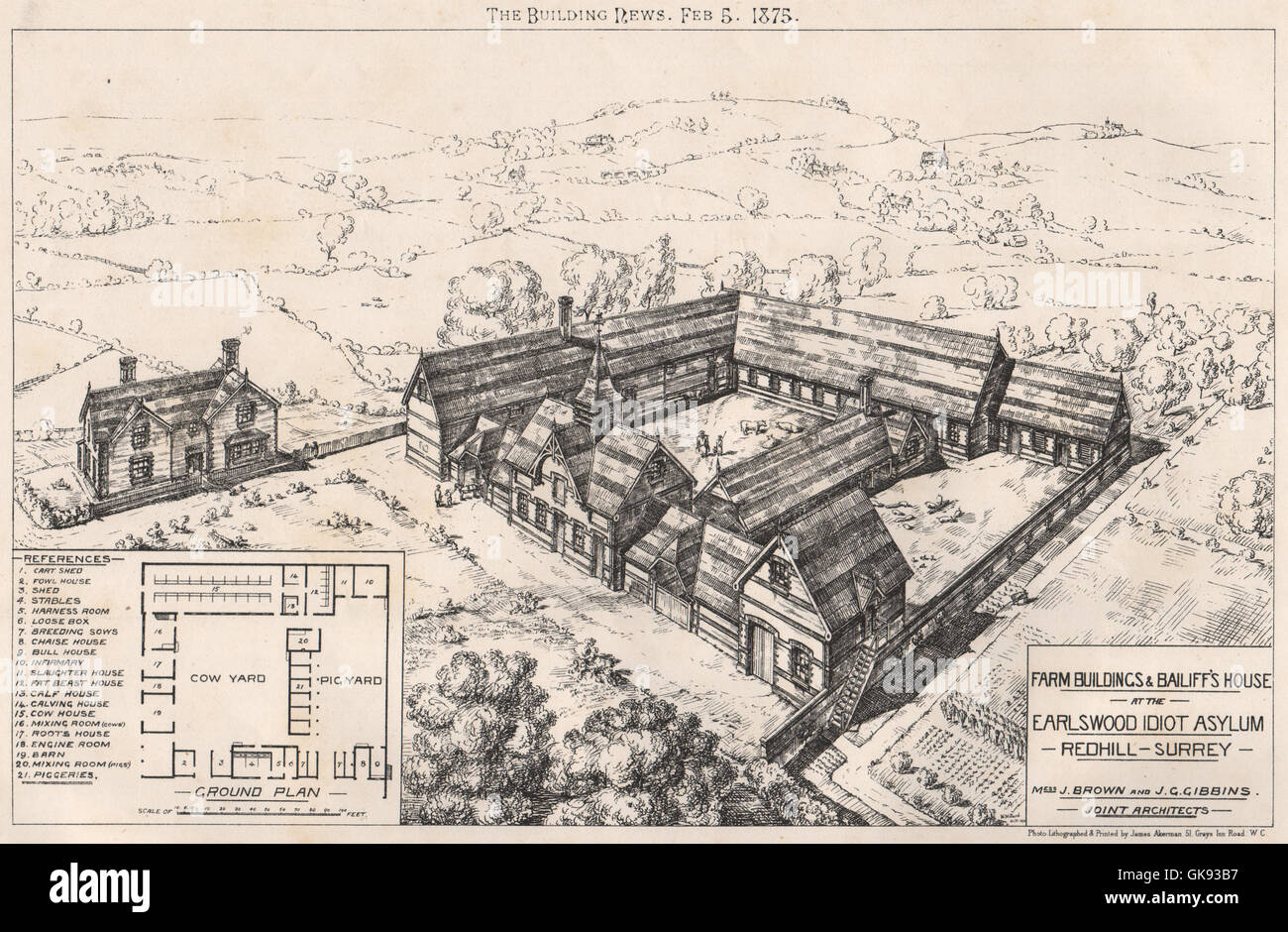 Les bâtiments de ferme et maison du Bailli, Earlswood idiot de l'asile, Redhill, Surrey, 1875 Banque D'Images