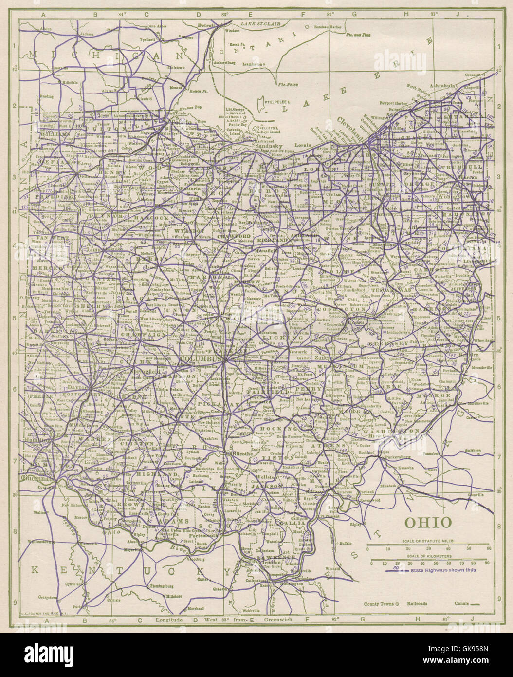 Les autoroutes de l'état de l'Ohio. POATES, 1925 carte vintage Banque D'Images