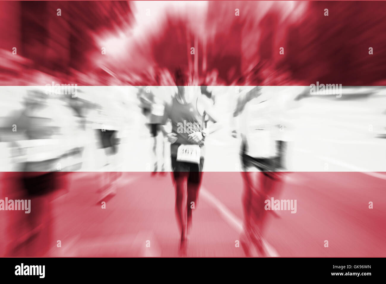 Coureur de marathon de flou avec drapeau Autriche mélange Banque D'Images