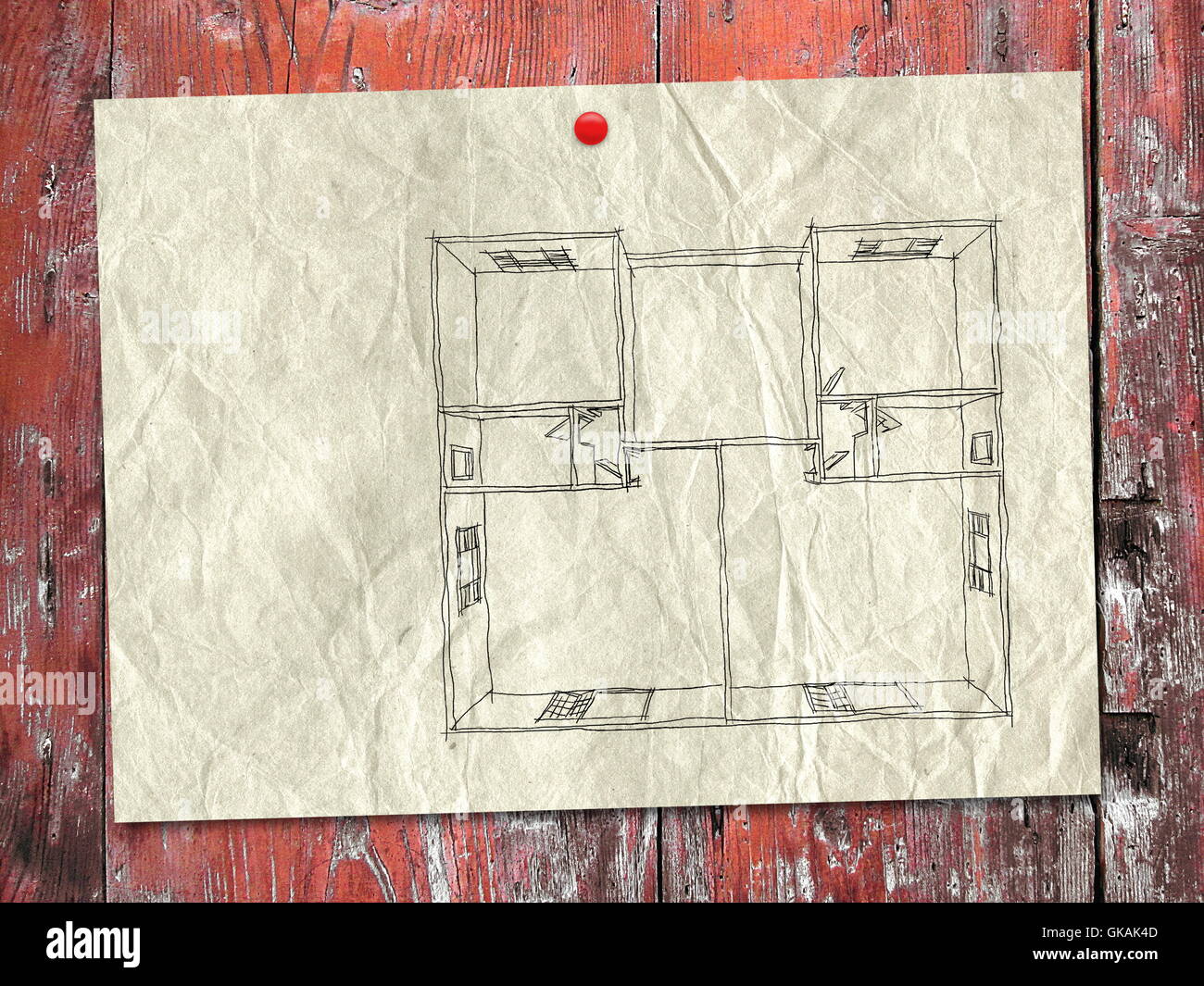 2d noir dessin croquis à main levée de l'intérieur d'accueil vide appartement sur vieux papier feuille sur fond en bois rouge Banque D'Images